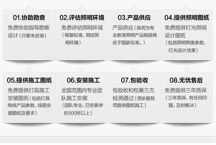 我司提供一站式教育照明解決方案：1、免費(fèi)協(xié)助指導(dǎo)勘察設(shè)計(jì)（只要來咨詢）2、免費(fèi)評(píng)估照明環(huán)境（根據(jù)標(biāo)準(zhǔn)，測試照明環(huán)境）3、產(chǎn)品供應(yīng)（我司為專業(yè)教育照明產(chǎn)品制造商，優(yōu)于國家標(biāo)準(zhǔn)。）4、免費(fèi)提供燈光照明設(shè)計(jì)圖紙（包括照明照度參數(shù)，燈光設(shè)計(jì)效果）5、免費(fèi)提供燈具施工安裝圖紙（包括燈具/電線產(chǎn)品參數(shù)，線路安裝圖紙及要求）6、全國范圍內(nèi)專業(yè)團(tuán)隊(duì)施工安裝（團(tuán)隊(duì)專業(yè)，已安裝學(xué)校500所以上）7、包驗(yàn)收和包第三方檢測通過（須依據(jù)我司提供圖紙施工）8、免費(fèi)提供三年質(zhì)保（三年質(zhì)保，有任何問題，及時(shí)解決）